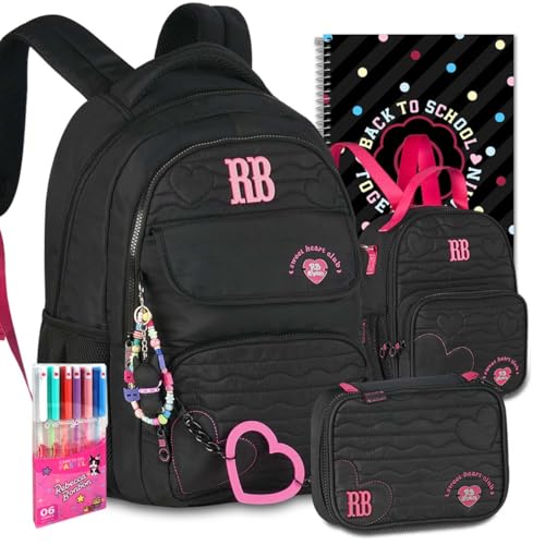 Kit Mochila RB Rebecca Bonbon Escolar Lancheira Estojo Escolar Meninas Resistente Infantil Juvenil (Preto)