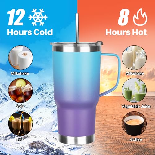 Image of 20 oz Tumbler with Handle, Stainless Steel Insulated Tumbler with Lid and Straw, Double Wall Vacuum Insulated Coffee Mug Tumbler, Insulated Coffee Thermal Cup for Cold and Hot(Blue Purple)