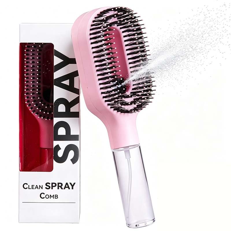Anti-Static Hair Brush with Built-in Sprayer, Hydrating Mist Detangling Brush, Shine Enhancer Hair Brush, Eliminates Knots & Reduces Breakage for Straight to Curly Hair Types (Pink)