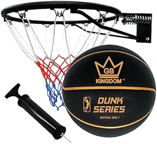 Kingdom GB Basketball Hoop Rim and Net with Ball & Pump Set Heavy Duty Spring Loaded METAL Ring Official Size Wall Mounted Fixings