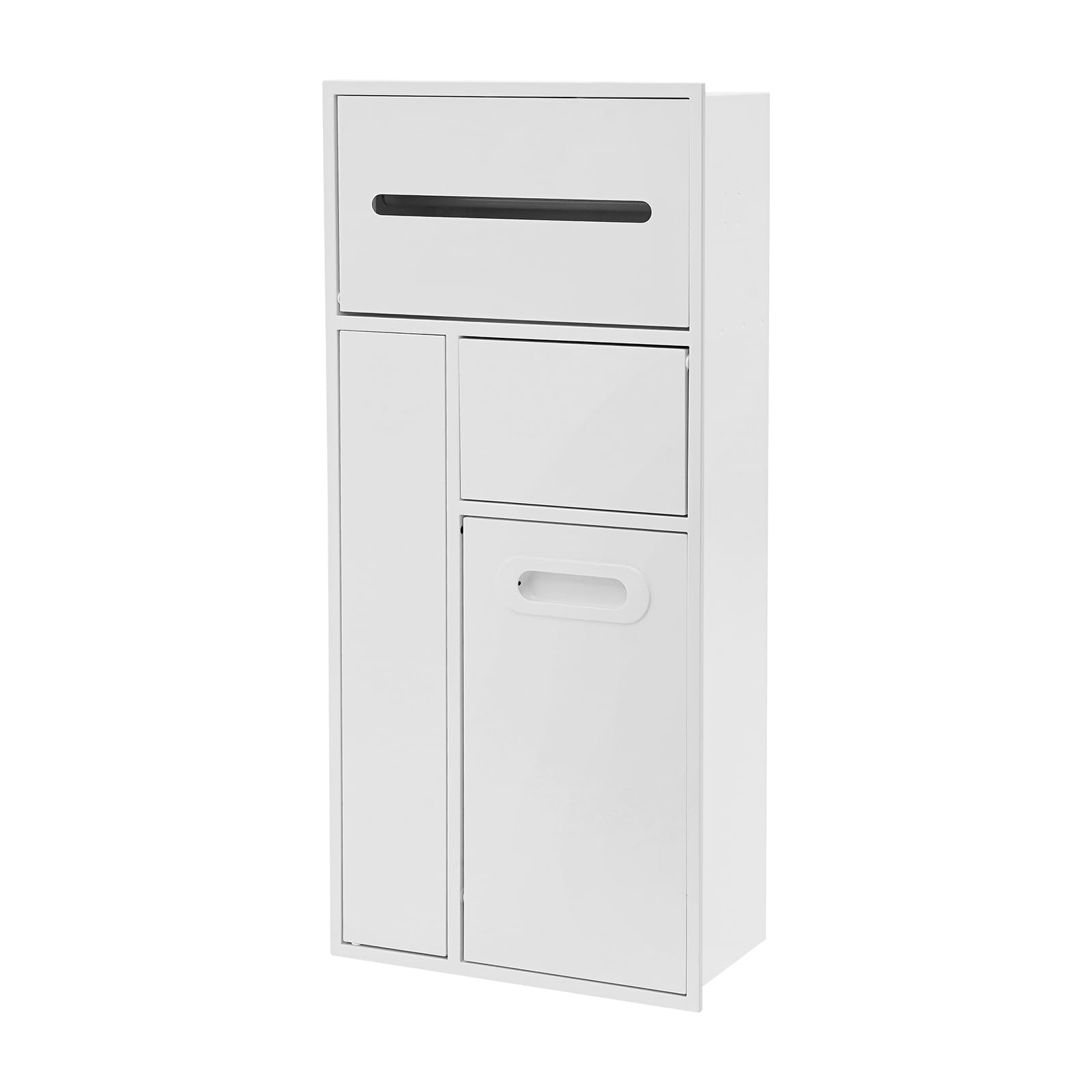 Nicho de pared para baño de acero inoxidable 304, blanco, 65 x 30 x 14 cm, multifuncional con papelera, portarrollos y soporte para cepillos, montaje