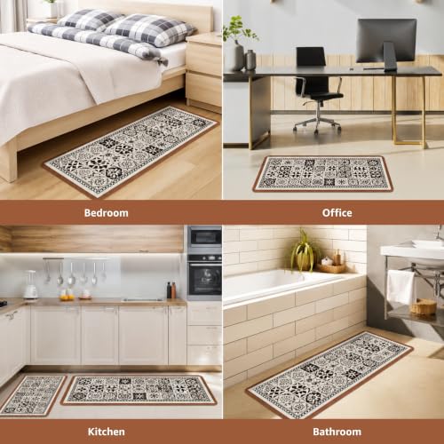 Image of Amazon Brand - Solimo Silicone Kitchen & Bath Mat (Pack of 2) | Black and white with natural wood colored border| Anti-Fatigue Comfort Foam | Waterproof & Anti-Slip | 60 x 40 cm & 40 x 120 cm| Quick-Dry & Easy Clean