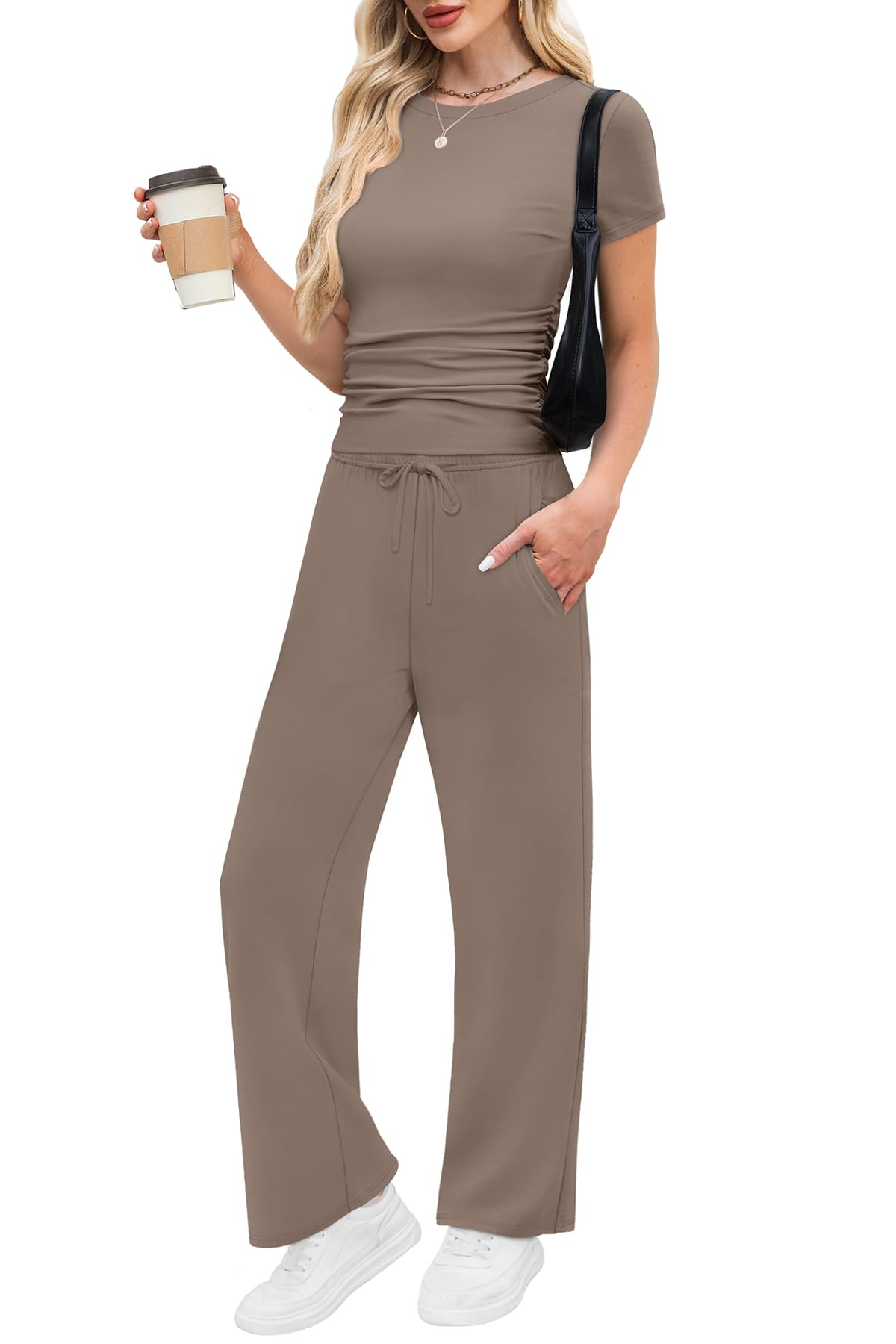 WIHOLL 2 Piece Sets for Women Summer Travel Vacation Outfits Workout Ruched Tops Wide Leg Pants Lounge Sets