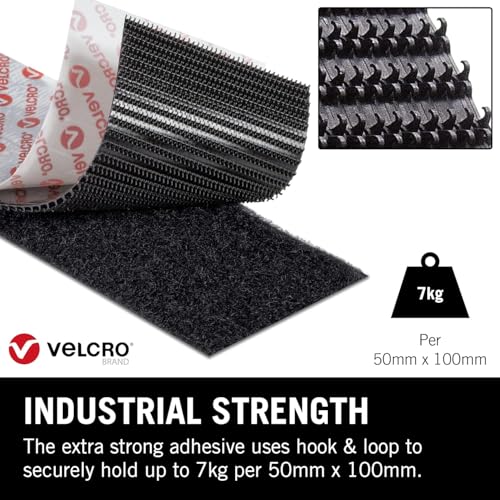 VELCRO Marke | Schwerlast-Selbstklebestreifen | Industriestarker doppelseitiger Haken- & Flauschverschluss | Schwarz | 50 mm x 100 mm | Set mit 15 Stück