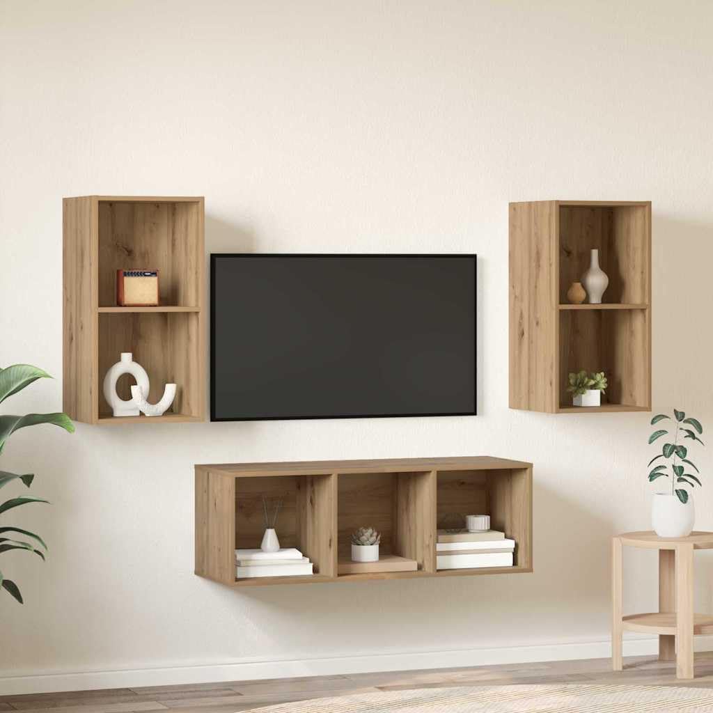 TV-Schrankset Wandmontiert 3-teilig, Artisan-Eiche Holzwerkstoff, Modernes Media-Center für Wohnzimmer, Elegante Aufbewahrung, Platzsparendes Design