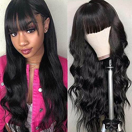 NOBLE Body Wave Human Hair Wigs with Bangs 100% Brazilian Human Hair Body Wave Wigs Glueless Machine Made Human Hair Wigs for Black Women (26 Inch, Natural Black Wigs)