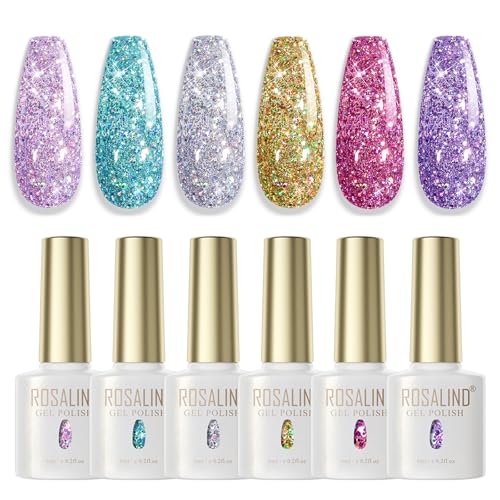 ROSALIND Pintauñas Purpurina, 6 Colores Rosa Claro Oscuro Dorado Plateado Azul Esmaltes Semipermanentes para Uñas con Efecto Purpurina Colorida para Manicura y Diseño de Uñas