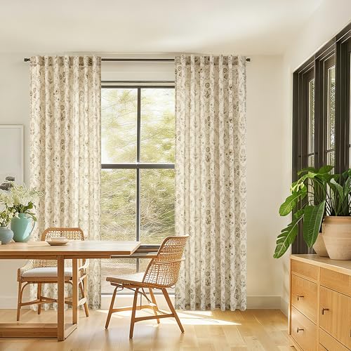 Image of Floral Linen Curtains 80 Inch Length 2 Panels Set Semi Sheer Curtain Brown