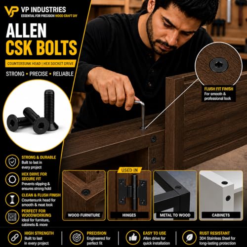Image of By inchVP INDUSTRIES inch (Pcs-15) M8x80 mm Allen CSK Head Screw Black Zinc Plated High Tensile | Countersunk Screw for Modular Furniture, Wooden Work, Electrical Fittings, DIY & Industrial Use