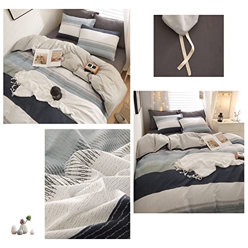Modern Stripe Duvet Cover Queen Geometric Stripe Bedding Set White Blue Gray Stripe Comforter Cover Luxury Soft Cotton Geometric Bedding Cover Men Boy Teen Stripe Bed Set Queen #TOP5