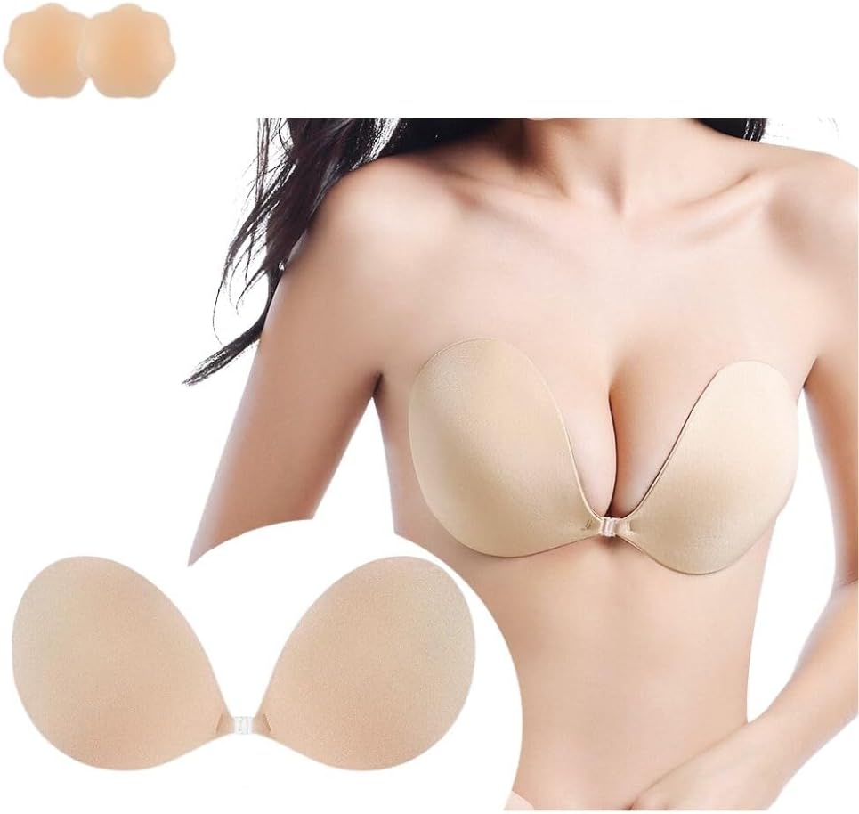 TPOLAU Adhesive Bra Sticky Bra Reusable Strapless Invisible Push up for Women Backless Dress with Nipple Covers Pasties Beige