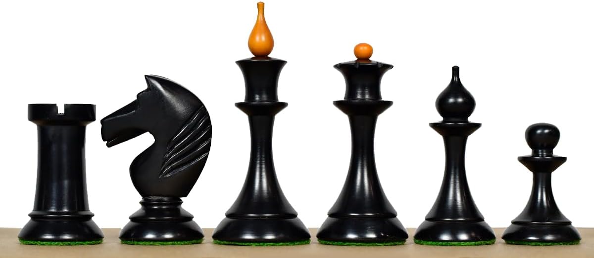 1950s Soviet Latvian Reproduced Staunton Chess Pieces – 4.1" King, Handcrafted in Ebonized & Antiqued Boxwood – Vintage Tournament Wooden Chess Set