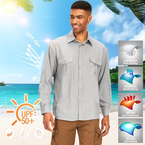 Men's Long Sleeve Safari Shirts UPF 50+ Lightweight Quick Dry Cooling, Hiking Fishing UV Sun Protection Shirts（5065 Light Gray XL）4
