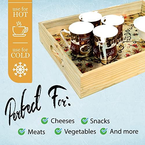 Image of ADA Handicraft Premium Pine Wood Serving Tray, Flora Print Design Food Serving Platters, Wooden Decor Tray, Rustic Decorative Platter Trays for Food, Coffee, Breakfast, Tea, Snack (Pack of 3)