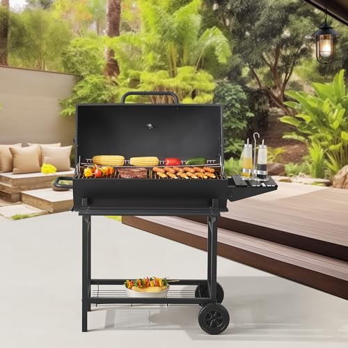 casa.pro Grillwagen Armento Holzkohlegrill mit Deckel BBQ Grillrost aus emailliertem Edelstahl Gartengrill 2 Räder Deckelthermometer 95x108x61cm Schwarz