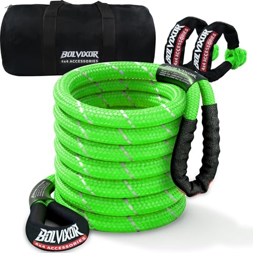 1 x 30ft Heavy-Duty Kinetic Tow Rope 48 500 lbs Breaking Strength 30%+ Elasticity Reflective Recovery Rope with 2 Soft Shackles for Off-Road Truck SUV ATV UTV Tractor Green