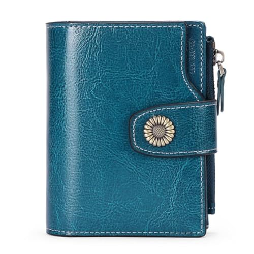 Women RFID Blocking Purse Small Bifold Wallets Genuine Leather Zipper Card Holder Organizer Flap Bag with ID Window