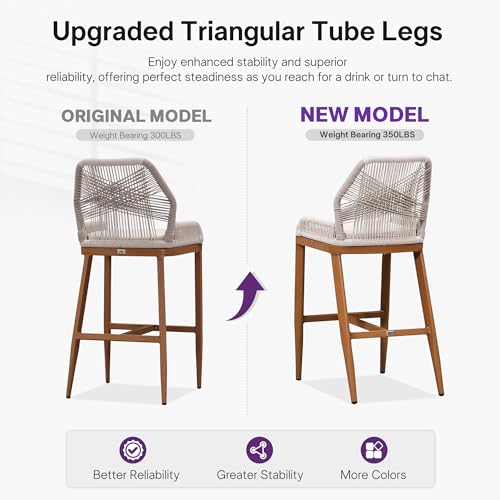 Image of PURPLE LEAF Bar Stools Bar Height Set of 4 Outdoor Metal Accent Tall Barstools with Back Modern Wicker Rattan Boho Garden Pool Patio Bar Chairs