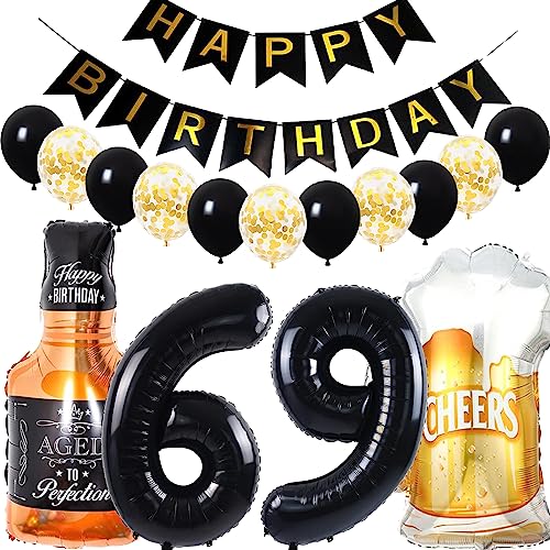 Conruich Kit de Décoration Anniversaire 69 Ans - Ballons Hélium, Feuille de Bière et Whisky pour Fête Homme et Femme