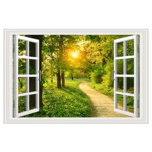 3D Sunset Forest Fake Window Wall Stickers Vinilos de Pared de Paisaje Natural Cartel de Ventana Falsa Mural de Pared de árboles Verdes extraíbles para Sala de Estar, Dormitorio, Oficina,90x60cm