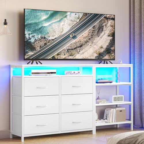 BTHFST TV Stand for Bedroom with Power Outlets and LED Lights, TV Stand Dresser for 60 Inch TV, Changable L Shape TV Stand Dresser, TV Console with Open Shelf, 53.5 Inches Wide White Dresser, PU
