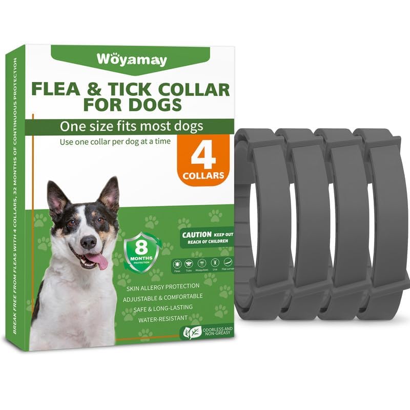 Collares Antiparasitarios para Perros, 4 Piezas Seguro y Eficaz Collar Antipulgas Perros contra Pulgas y Garrapatas, Protección de 8 Meses, Impermeable para Pequeño Mediano Grandes Perros, Gris