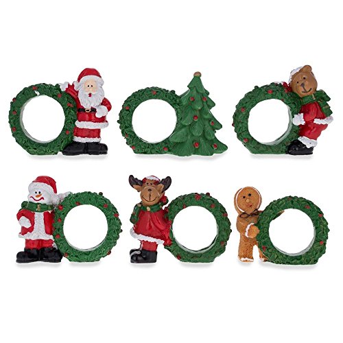 BestPysanky Set of 6 Santa, Snowman, Reindeer, Christmas Wreath Napkin Rings 2.5 Inches