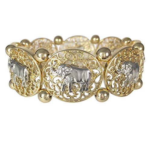 Gypsy Jewels Elephant Gold Tone & Silver Tone Filigree Disk Boutique Stretch Bracelet