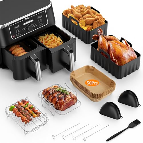 Vernatti Air Fryer Accessories 8PCS for Ninja/Keplin/Tower 7.6L-9.5L Dual Air Fryers Includes Air Fryer Liners Silicone Grill Rack Gloves Oil Brush 50 PCS Air Fryer Liners Unbleached