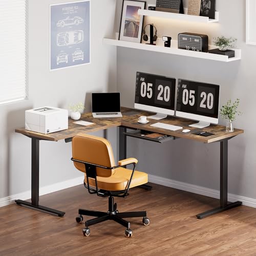 Image of FLEXISPOT L Shaped Standing Desk, 71 x 63 Inch Electric Height Adjustable Corner Desk, Sit Stand Computer Workstation, Preset Controller, Home Office, Black Frame with Rustic Brown Top, Black Drawer