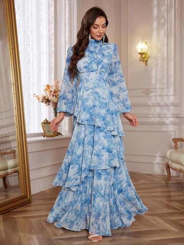 Image of TOLEEN Summer Casual Dresses for Women 2024 Spring Fashion Boho V Neck Long Sleeve Ruffle Floral Print Elegant Maxi Dress