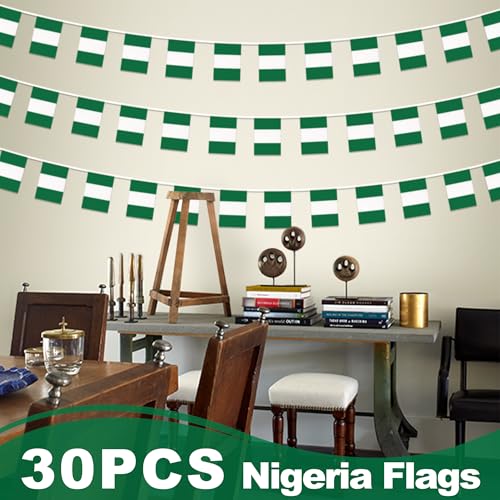 Image of Nigeria String Flag Pennant Banner, Small Mini Nigerian Flags Bunting Banner, National Country Decoration for School, Party, Sports Events, Patriotic Festival, 33 Feet 30 Flags