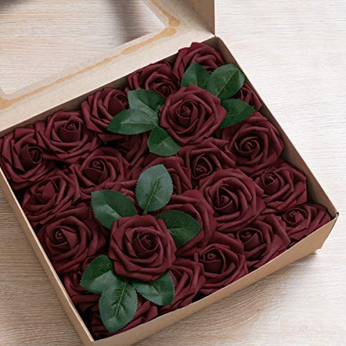 Jelofly Artificial Flowers Burgundy Roses 50Pcs Real Looking Fake Flowers Foam Roses W/Stem Diy Wedding Bouquets Centerpieces Baby Shower Party Home Decorations #TOP1