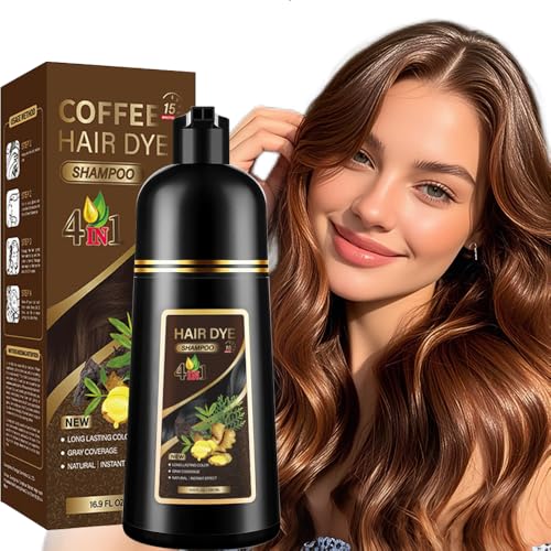Champú 4 en 1 para teñir el cabello negro especialmente diseñado para canas, con una fórmula vegetal, cobertura de canas 100%, apto para hombres y mujeres (café)
