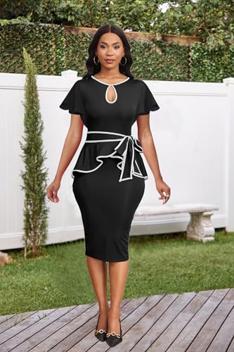 Image of Women's Vintage Bodycon Church Ruffle Sleeve Ruched Dresses Work Midi Pencil Dress