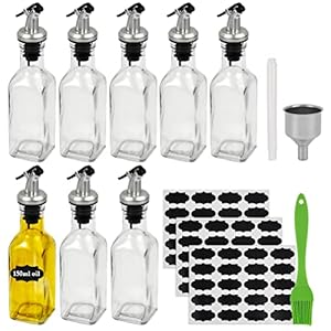 TIMESETL Set van 8 azijn en olieflessen, 150 ml, glas, azijn en oliedispenser met schenktuit, lekvrij, druppelvrij, druppelvrij, olijfolie dispenser, flessenset met schenktuit trechteretiketten, grillborstel