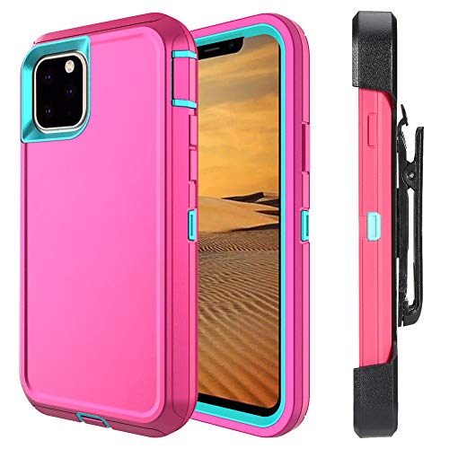 HONTECH Holster Case for iPhone 11 Pro Max, Heavy Duty Belt Clip Hard PC Case with Built-in Kickstand Full Body Protection Combo Shell (6.5 inch 2019), Pink-Azure