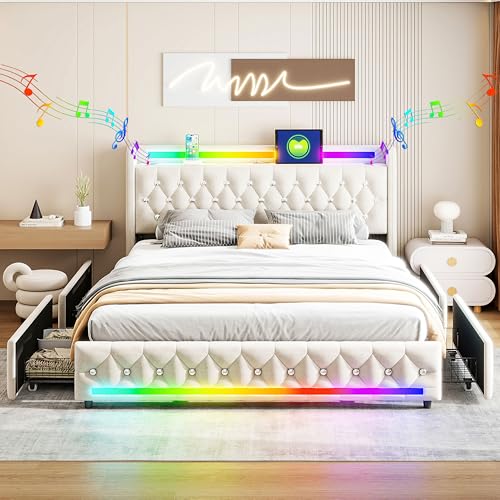 XMETPR Cama tapizada 5 en 1 de 160x200 cm con Altavoces Bluetooth, luz LED, estación de Carga USB y Type-C, 4 cajones de Almacenamiento y losetas de Madera,Marco de Cama con cabecera,Beige