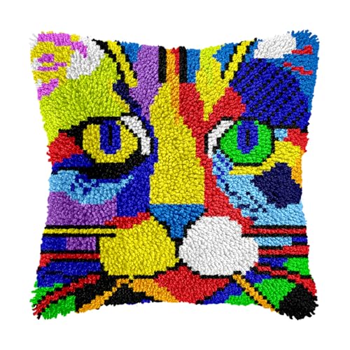 Image of bositigo Cat Latch Hook Pillow Kit for Adults & Kids, DIY Pre-Printed Canvas Craft, 17x17 Inch Decorative Cover for Sofa Cushions, Bedroom Decor (Cat Pattern 50)