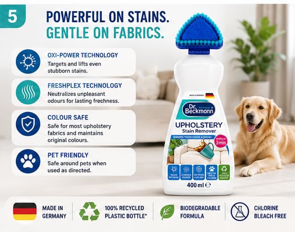 Dr. Beckmann Upholstery Instant Stain Remover Liquid 400ml | Sofa Cleaner with Brush Applicator | Removes Stains & Odours from Sofa, Couch, Car Seats, Mattresses & Upholstery | Pet Safe 4