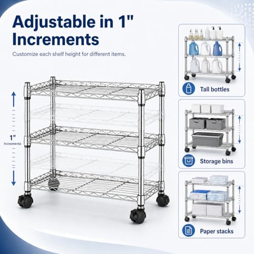 Image of Simple Deluxe 3-Tier Storage Shelves, 750 Lbs Loading Capacity, 24.02 inch W x 13.78 inch D x 21.97 inch H Shelving Unit for Garage, Pantry and Kitchen, Chrome