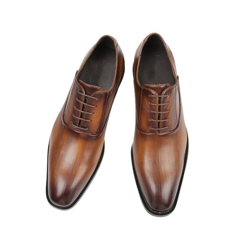 Dress Formal Shoes for Men Lace Up Round Burnished Toe Leather Oxford Shoes Resistant Non Slip Block Heel Rubber Sole Wedding