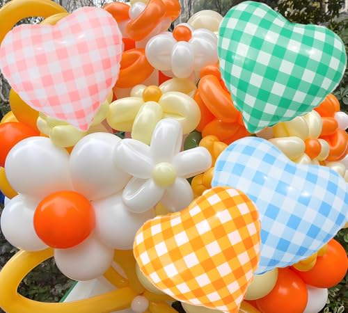 Image of 4pcs 18 inch Colorful Heart Checked Balloons Pink Orange Green Blue Gingham Striped Plaid Heart Foil Balloons for Spring Party Decorations Picnic Party Birthday Party Wedding Baby Shower Party Decor