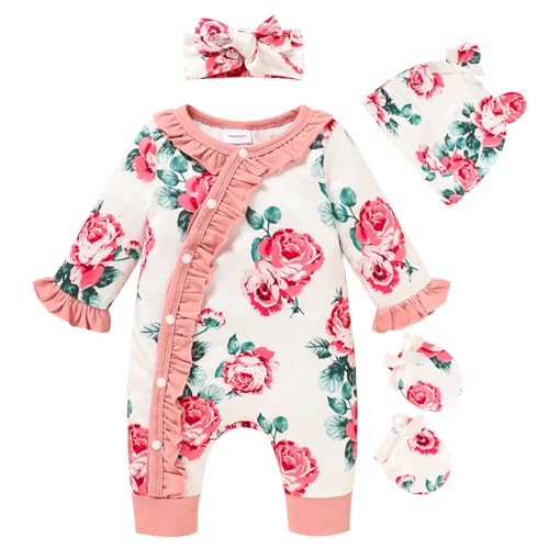 Image of GRNSHTS Newborn Girl Floral Jumpsuit Baby Girl Long Sleeve Ruffle Romper Overall Coming Home Outfits