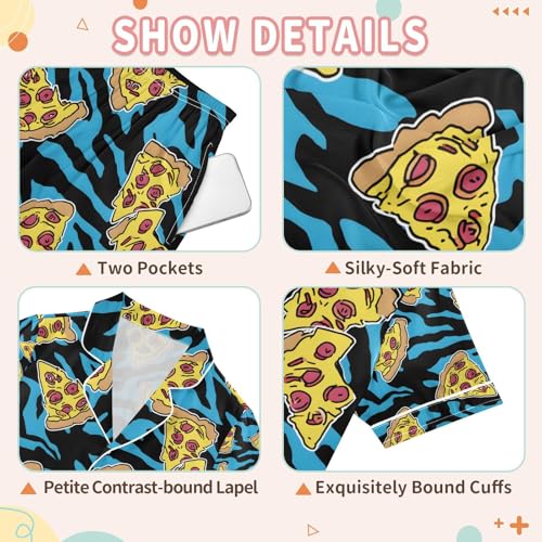 senya Blue Tiger Pizza Satin Summer Pajama Sets Silk Short Sleeve Button Down Sleepwear3