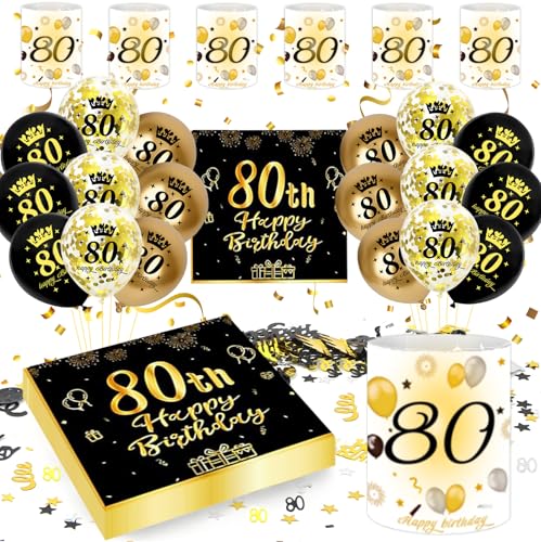 80 Cumpleaños Mujer Hombre Adornos, 80th Happy Birthday Decoracion Negros Dorados Globos Servilleta Linterna Confeti, Regalo y Birthday Decoración Mujer Hombre 80 Años (Decoración Mesa 80 Cumpleaños)