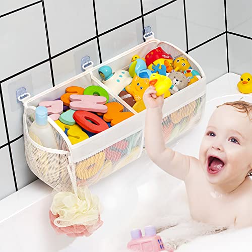 Image of Austion Original Two Compartment Easy-access Mesh Bath Toy Organizer for Bath Tub with Large Openings Quick Drying Cute Toddler Bath Toy Storage Holder for Baby