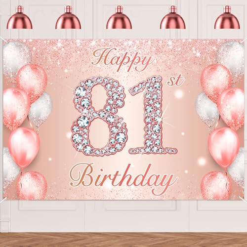 Image of Happy 81st Birthday Rose Gold Banner Cheers to 81 Years Old Backdrop Confetti Balloons Theme Decor for Women 81 Years Old Pink Birthday Party Decorations Bday Supplies Background Favors Gift Glitter