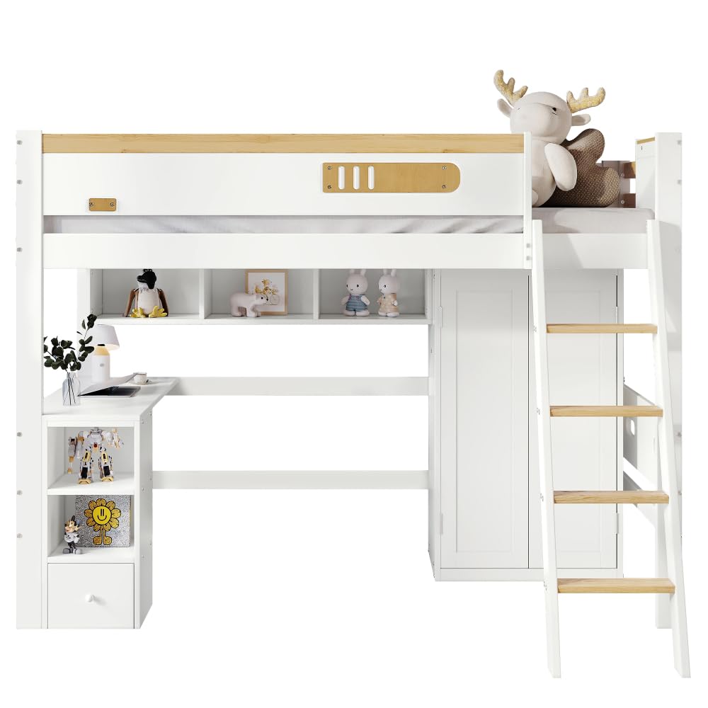 Litera para niños con rejilla anticaídas, estante de armario y escalera para habitación infantil