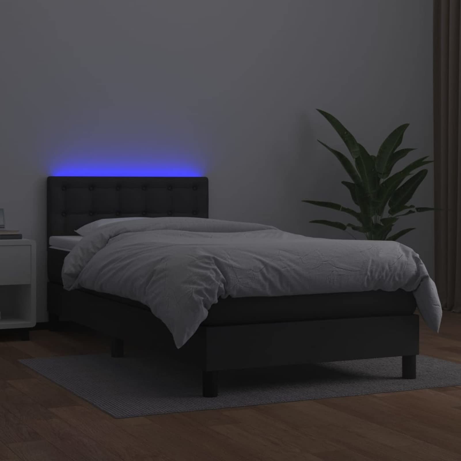 Letto a molle 90 x 200 cm, 90 x 200 cm, con materasso, letto a molle, letto singolo con testiera e LED in ecopelle, colore nero, 90 x 200 cm